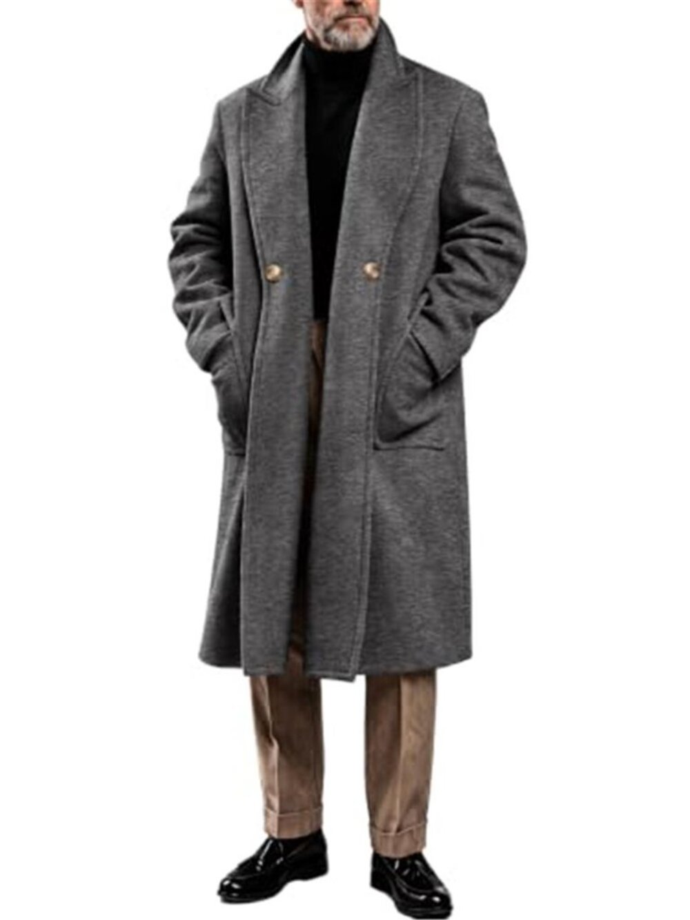 Men's Pea Coat Double Breasted Notch Lapel Winter Long Trench Coat